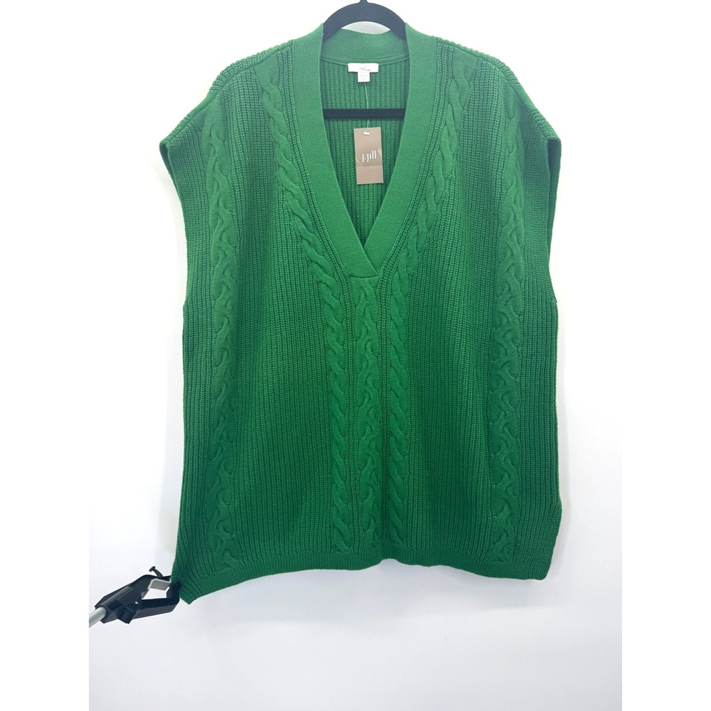 J Jill Kelly Green V-Neck Cable Knit Sweater Vest Large Tall Cotton Blend Preppy